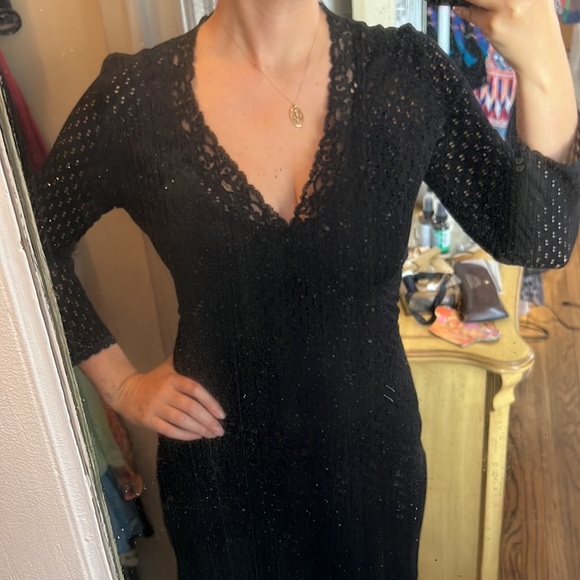 VINTAGE BETSEY JOHNSON BLACK STRETCH MIDI DRESS CLASSIC ICONIC BETSEY LACE S M - Picture 12 of 13